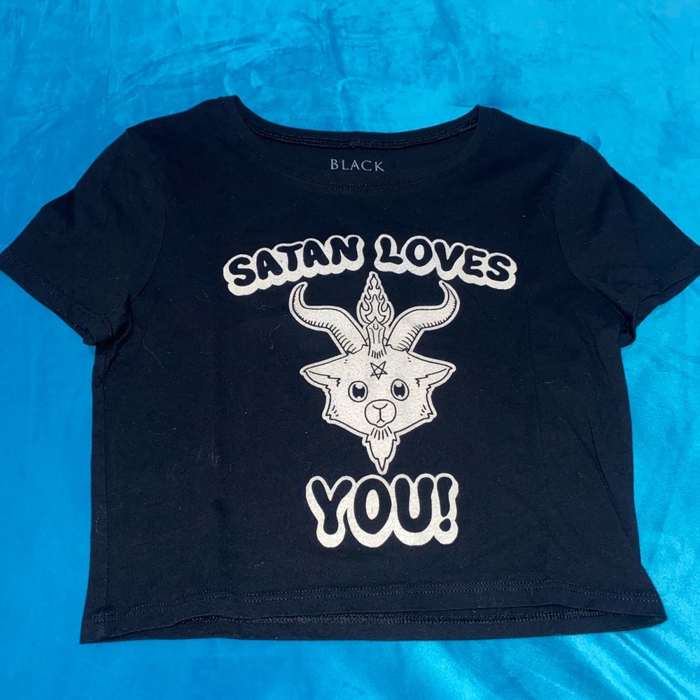 Black Craft Cult “Satan Loves You” Graphic Tee with Cartoon Goat Design